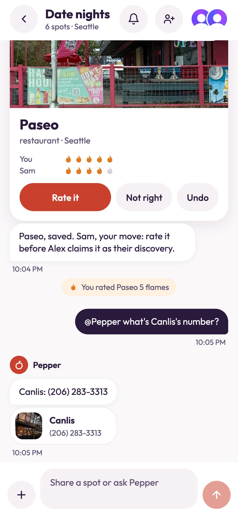 Asking Pepper for Canlis’s number in the chat, and Pepper’s answer