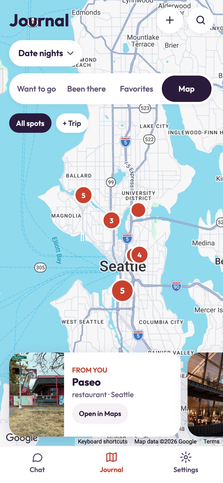 Your spots on a map of Seattle, each pin showing its flames
