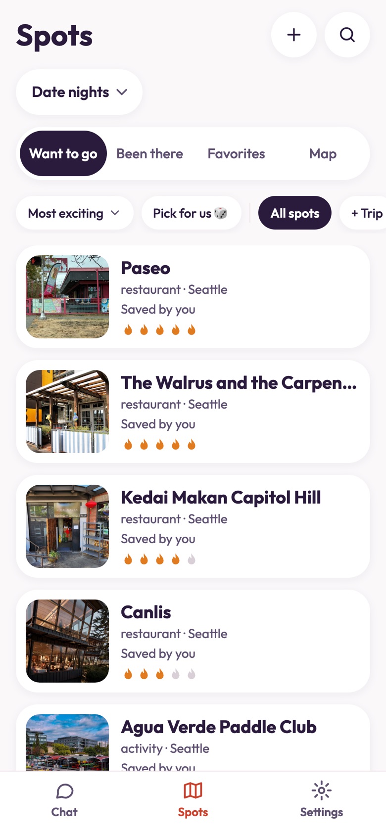 After: your Date nights list in Pick the Spots, with each place’s flames and a Pick for us button